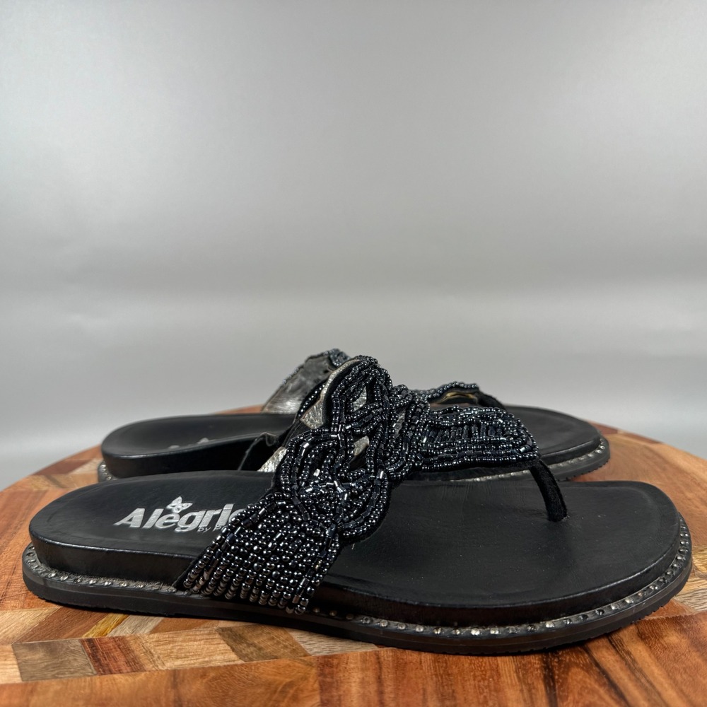 Alegria Tanith Black Leather Beaded Thong Sandals Women 36 6 Studded‎ Trim